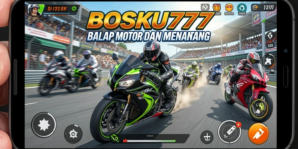 Screenshot gameplay BOSKU777 menampilkan aksi seru balap motor.
