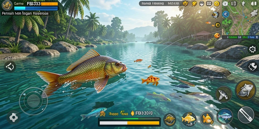 Tampilan gameplay FB333 yang menampilkan aktivitas memancing yang seru.