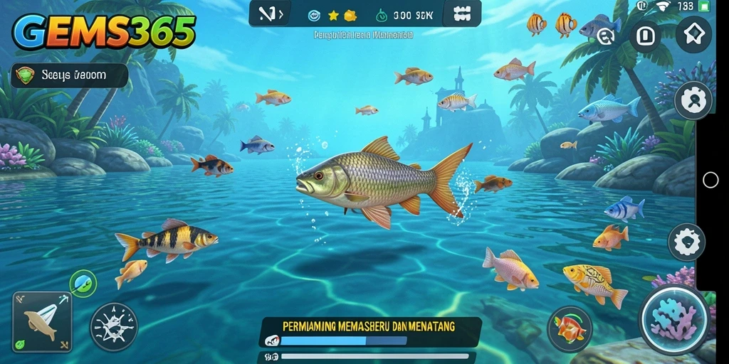 Screenshot gameplay GEMS365 menampilkan momen seru saat menangkap ikan.