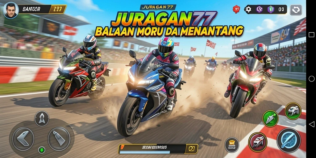 Gambaran gameplay seru di JURAGAN77 saat balapan motor.