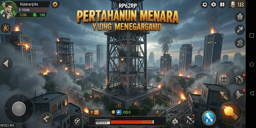 Screenshot RP62RP menampilkan serangan menara yang dramatis.