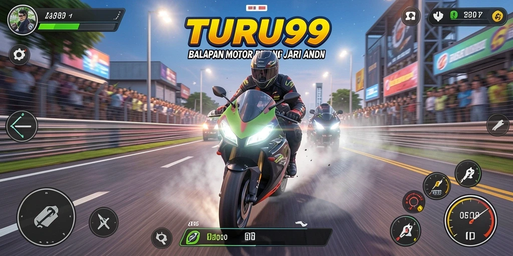 Screenshot menunjukkan aksi balapan seru dalam TURU99.